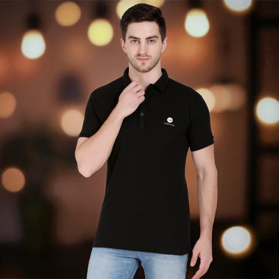 FARICON Solid Men Polo Neck Black T-Shirt