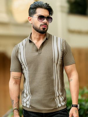 MANIAC Striped Men Polo Neck Green T-Shirt