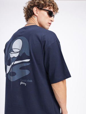 Glitchez Printed Men Round Neck Navy Blue T-Shirt