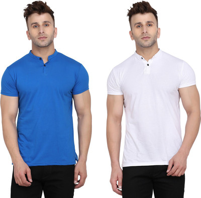 BEYOU FASHION Solid Men Mandarin Collar White, Blue T-Shirt