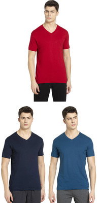 JOCKEY Solid Men V Neck Dark Blue, Blue, Red T-Shirt