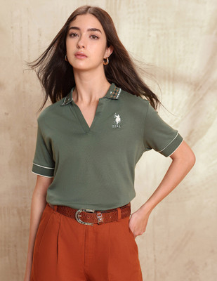 U.S. POLO ASSN. Solid Women Polo Neck Green T-Shirt