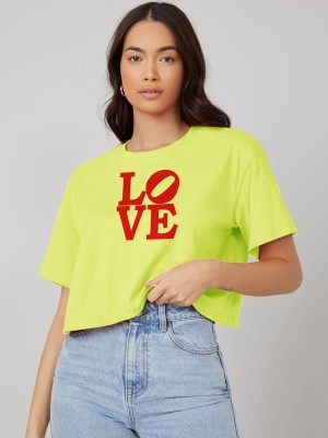 KOTTY Typography Women Round Neck Yellow T-Shirt