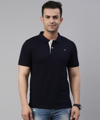 METRONAUT Solid Men Polo Neck Navy Blue T-Shirt