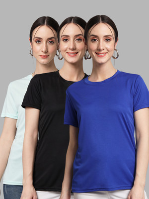 InkTees Solid Women Round Neck Green, Black, Dark Blue T-Shirt