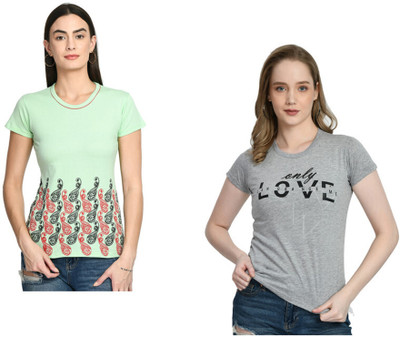 IndiWeaves Printed Women Round Neck Multicolor T-Shirt