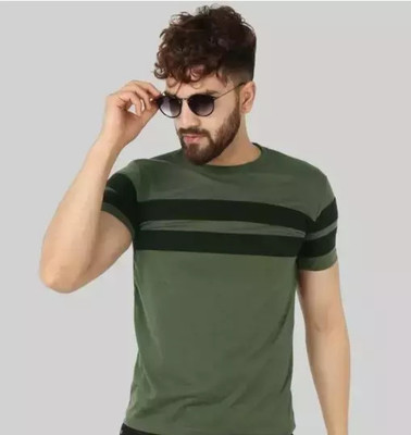 Risemax Striped Men Round Neck Dark Green T-Shirt