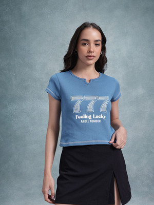 Roadster Printed Women Round Neck Blue T-Shirt