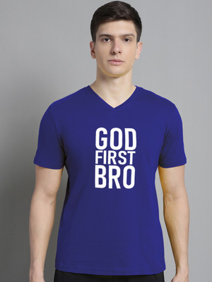 FBAR Typography Men V Neck Blue T-Shirt