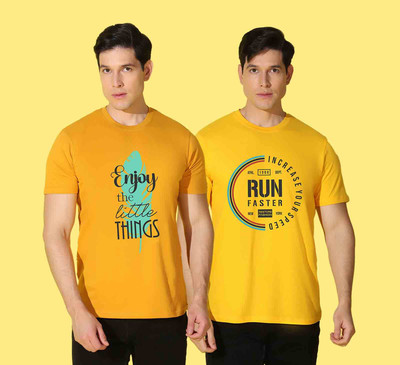 WOOSTRO Typography Men Round Neck Yellow T-Shirt