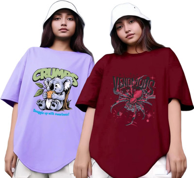 Xsware Printed Women Round Neck Purple, Maroon T-Shirt