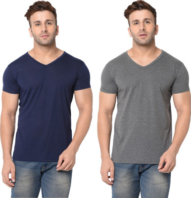 Adorbs Trend Solid Men V Neck Blue, Grey T-Shirt