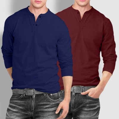 Veirdo Solid Men Henley Neck Navy Blue, Maroon T-Shirt