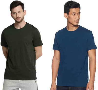 VAN HEUSEN Solid Men Round Neck Dark Green, Dark Blue T-Shirt