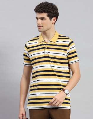 MONTE CARLO Striped Men Polo Neck Yellow T-Shirt