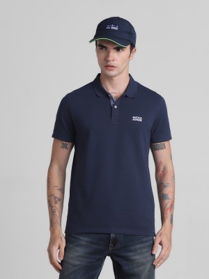 JACK & JONES Solid Men Polo Neck Dark Blue T-Shirt