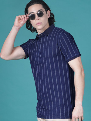 V-MART Striped Men Polo Neck Blue T-Shirt