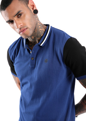 WROGN Colorblock Men Polo Neck Blue T-Shirt
