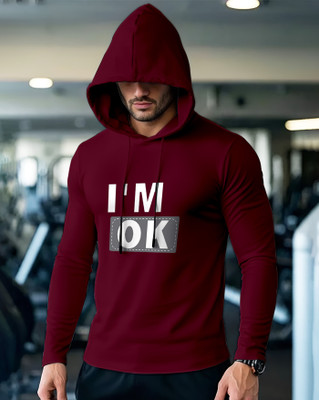AOOSH Printed Men Hooded Neck Maroon T-Shirt