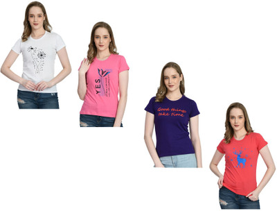 IndiWeaves Printed Women Round Neck White, Purple, Orange T-Shirt