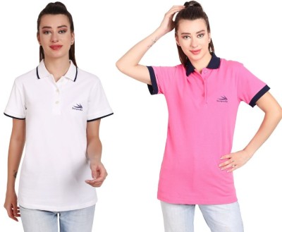 RiverHill Solid Women Polo Neck White, Pink T-Shirt