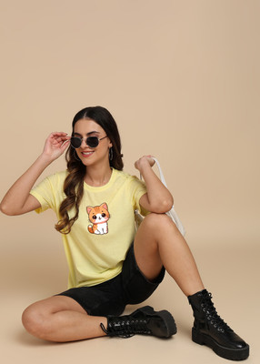 Adyavastram Printed Women Round Neck Yellow T-Shirt