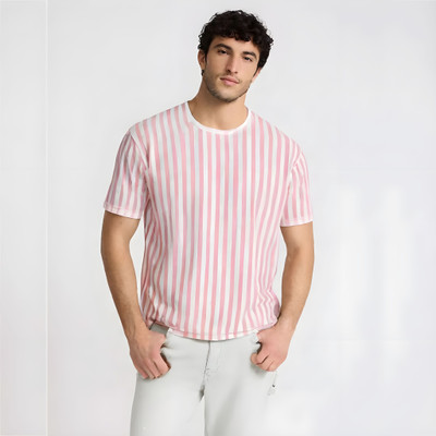 COPEHHI Striped Men Crew Neck Pink, White T-Shirt