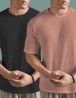 SR Fashion Self Design Men Round Neck Black, Pink T-Shirt