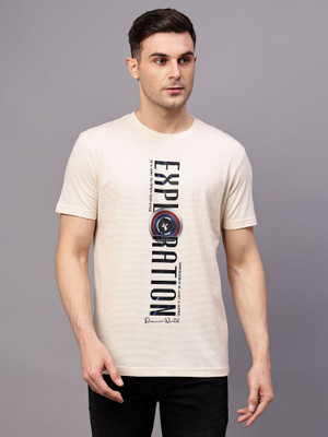 CANTABIL Printed, Typography Men Round Neck Beige T-Shirt