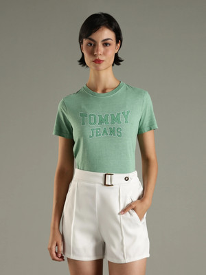 TOMMY HILFIGER Printed Women Crew Neck Green T-Shirt