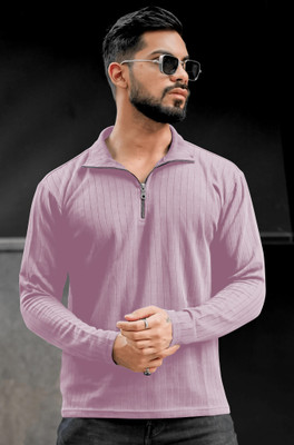 NOOK Solid Men Polo Neck Pink T-Shirt