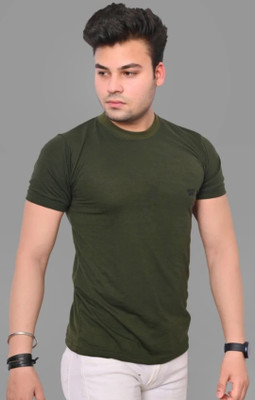 DINSHA Solid Men Round Neck Dark Green T-Shirt
