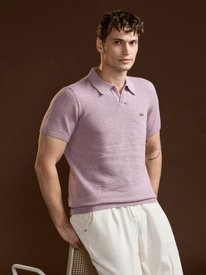 THE BEAR HOUSE Self Design Men Polo Neck Purple T-Shirt