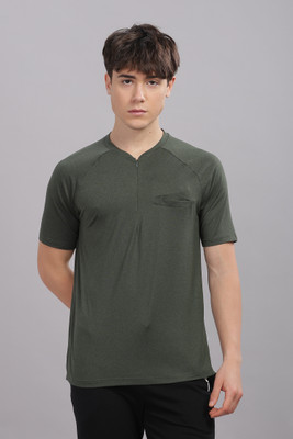 DOMIN8 Solid Men V Neck Green T-Shirt