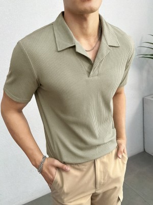 Jump Cuts Striped Men Polo Neck Light Green T-Shirt