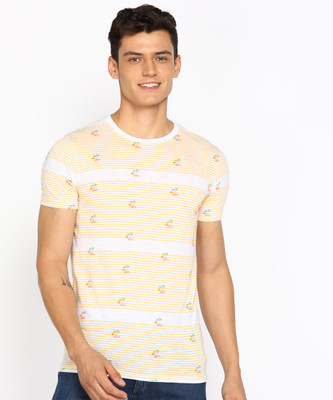 PETER ENGLAND Striped, Printed Men Round Neck Yellow T-Shirt