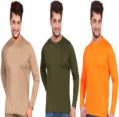 KASPY Solid Men Round Neck Orange, Beige, Dark Green T-Shirt