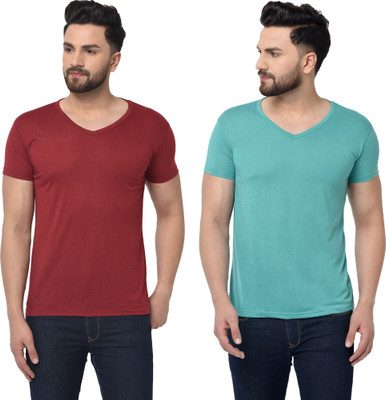 Tresna Fab Solid Men V Neck Maroon, Light Green T-Shirt