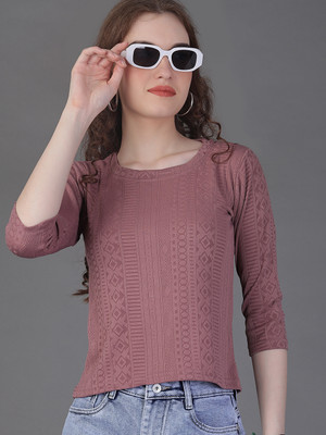 V-MART Self Design Women Round Neck Pink T-Shirt