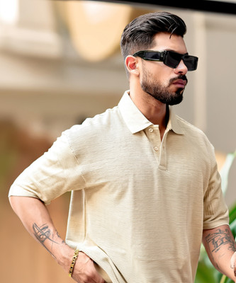 MANIAC Self Design Men Polo Neck Beige T-Shirt