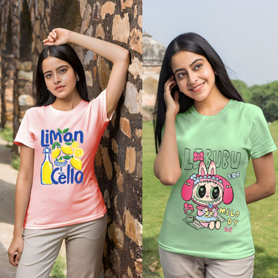 Lecowar Graphic Print Women Round Neck Pink, Green T-Shirt