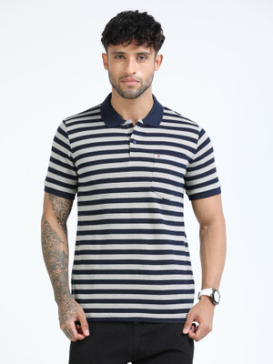 Cool Colors Striped Men Polo Neck Navy Blue T-Shirt