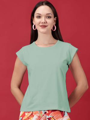 Novia Solid Women Round Neck Light Green T-Shirt