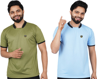 La Milano Solid Men Round Neck Light Blue, Green T-Shirt