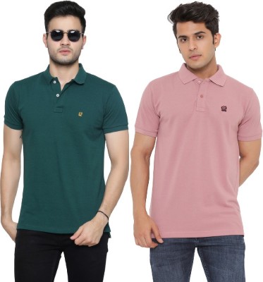 Gentino Solid Men Polo Neck Green, Pink T-Shirt