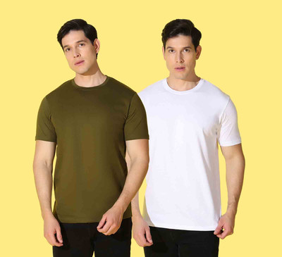 WOOSTRO Solid Men Round Neck White, Green T-Shirt