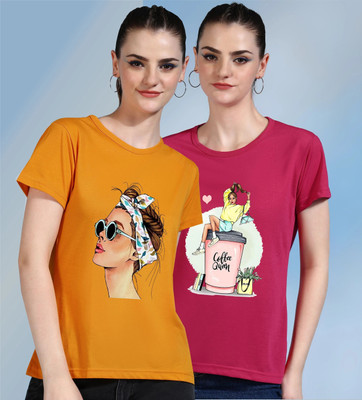 METRONAUT Printed Women Round Neck Yellow, Pink T-Shirt
