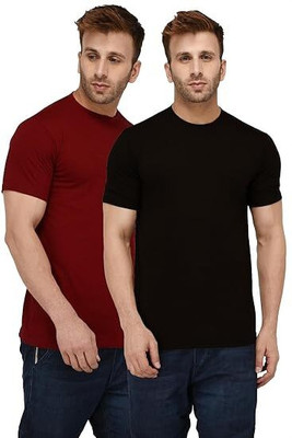 P collection Solid Men Round Neck Maroon, Black T-Shirt