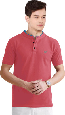 click n buy Solid, Printed Men Mandarin Collar Pink T-Shirt