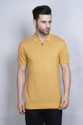 PULAKIN Self Design Men Polo Neck Gold T-Shirt